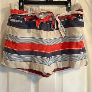 Loft Linen Blend Striped Belted Shorts Women’s Sz 8 Breathable Red Blue White‎